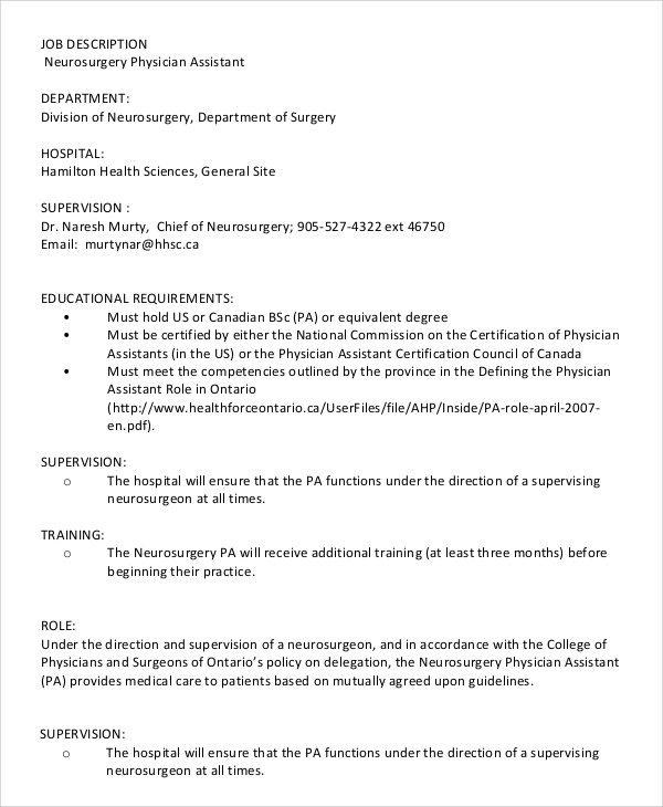 Free 8 Sample Physician Assistant Job Description Templates In Pdf Ms Word