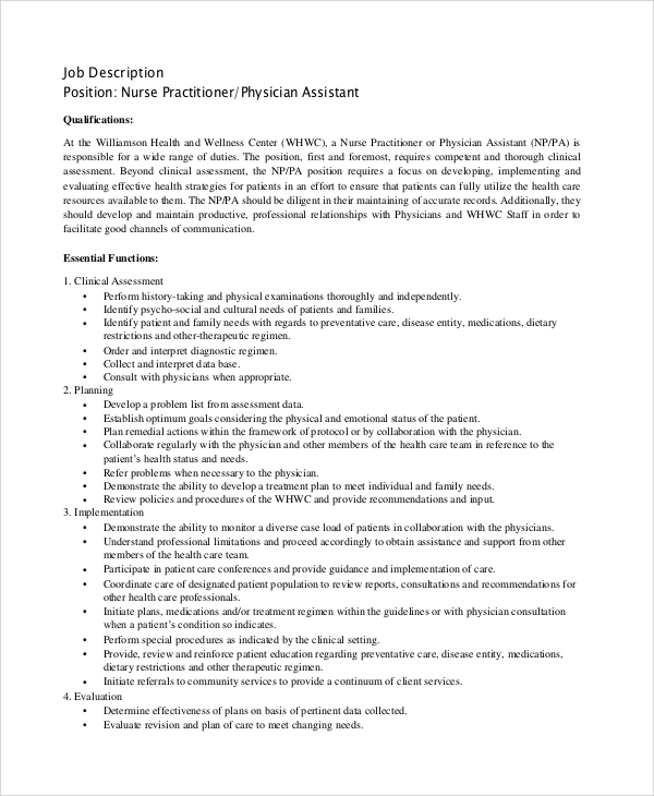 nurse practitioner physician assistant job description