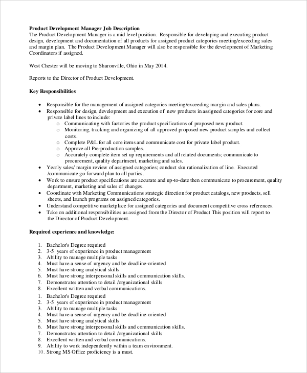 product development manager job description