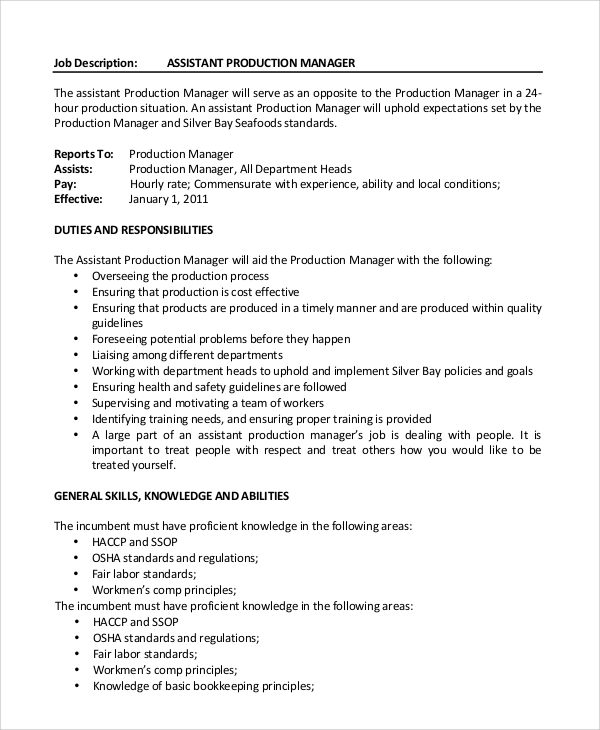 production manager assistant job description