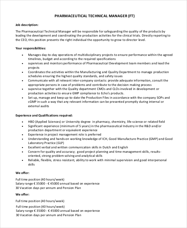 pharmaceutical production manager job description