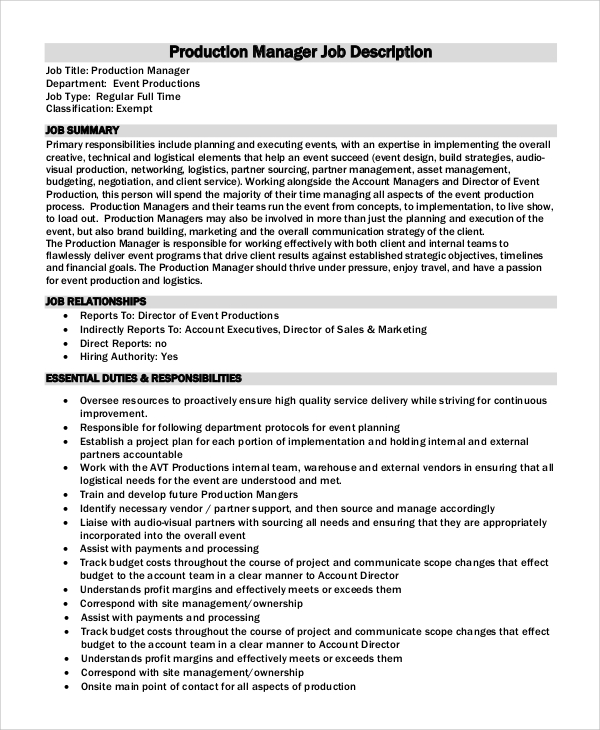 FREE 10+ Sample Production Manager Job Description Templates in PDF