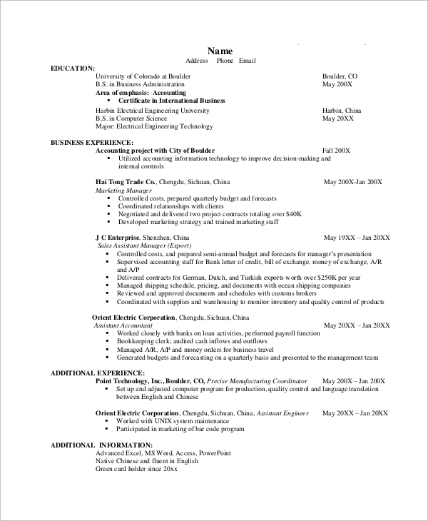 accounting marketing resume format