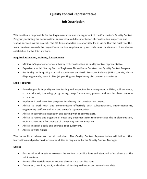 Free 9 Sample Quality Control Job Description Templates In Pdf Ms Word