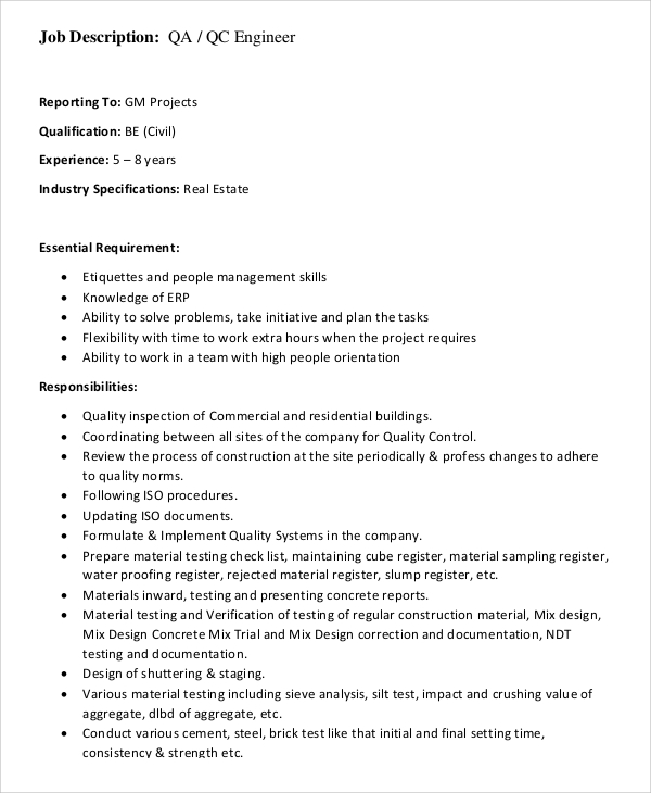 Quality Control Supervisor Job Description Pdf