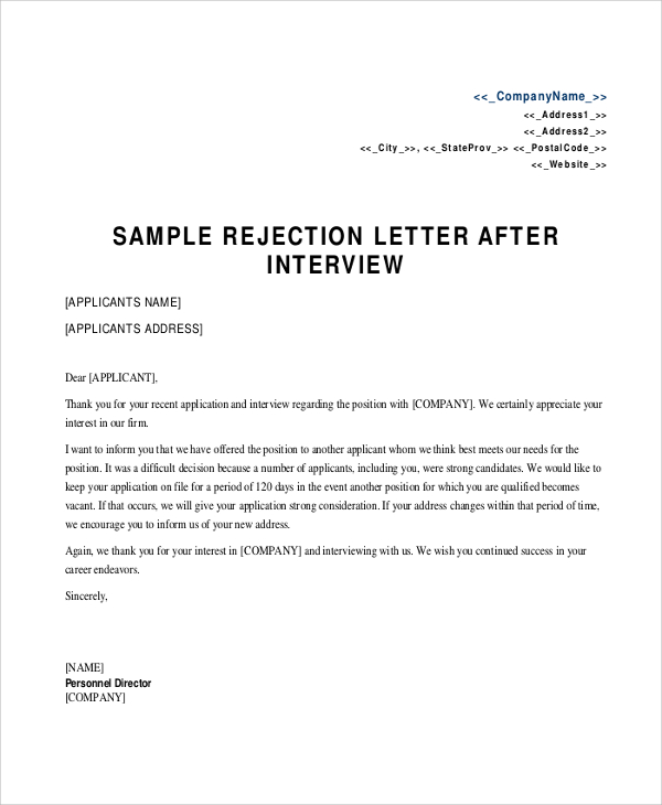 sample rejection letter after interview