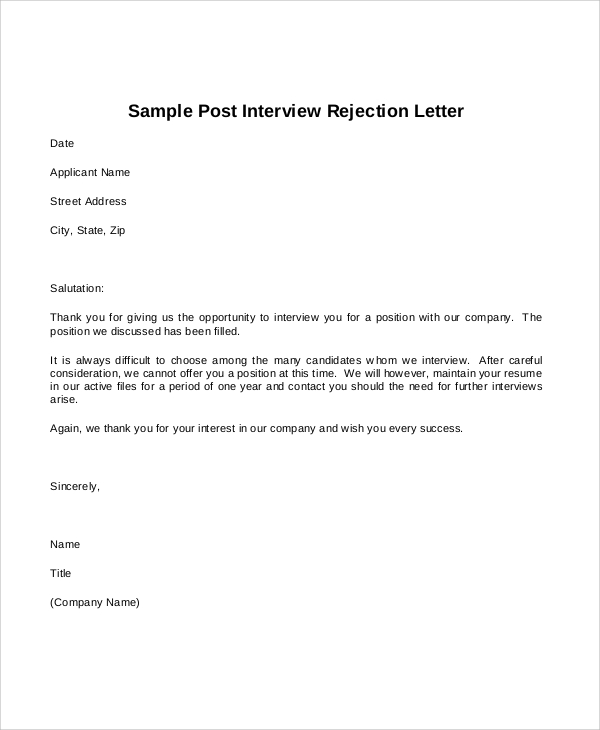 sample post interview rejection letter