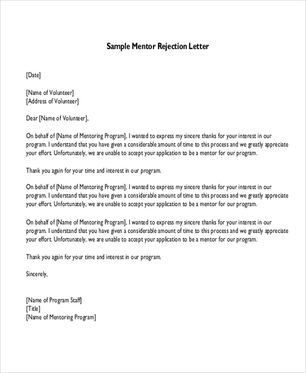 mentor thank you letter Examples Letter Sample Word,  in  Rejection PDF  10