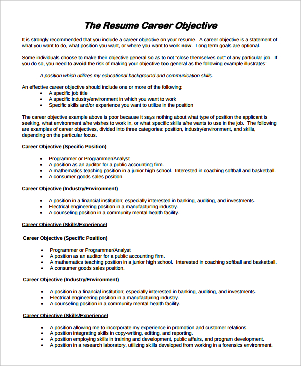 9 Resume Objective Samples PDF Word