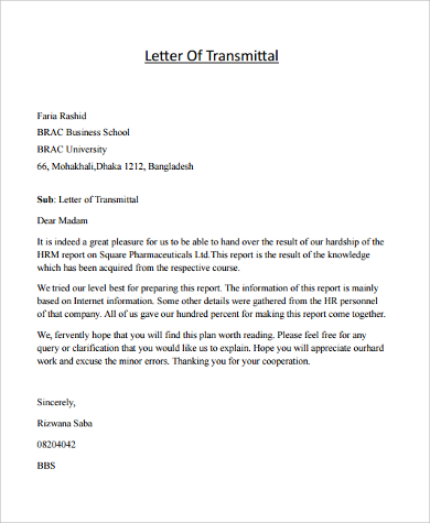 business letter of transmittal example