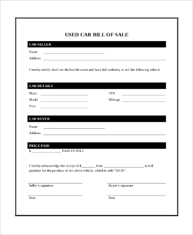 used car bill of sale free template