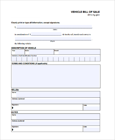 blank vehicle bill of sale form