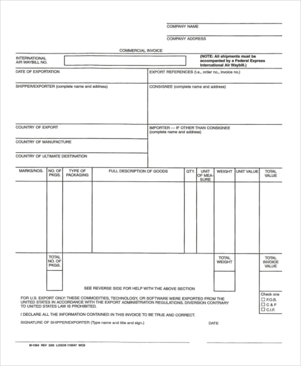 printable commercial invoice