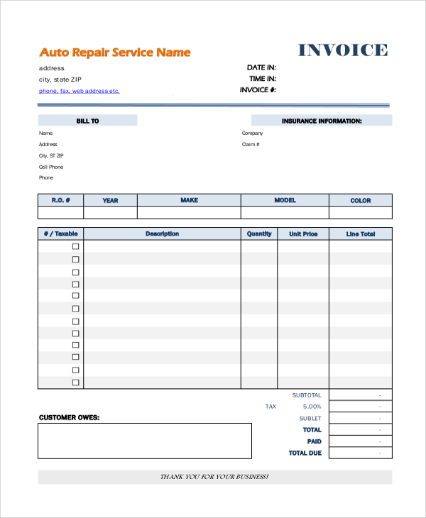printable auto repair invoice