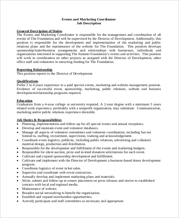 event and marketing coordinator job description