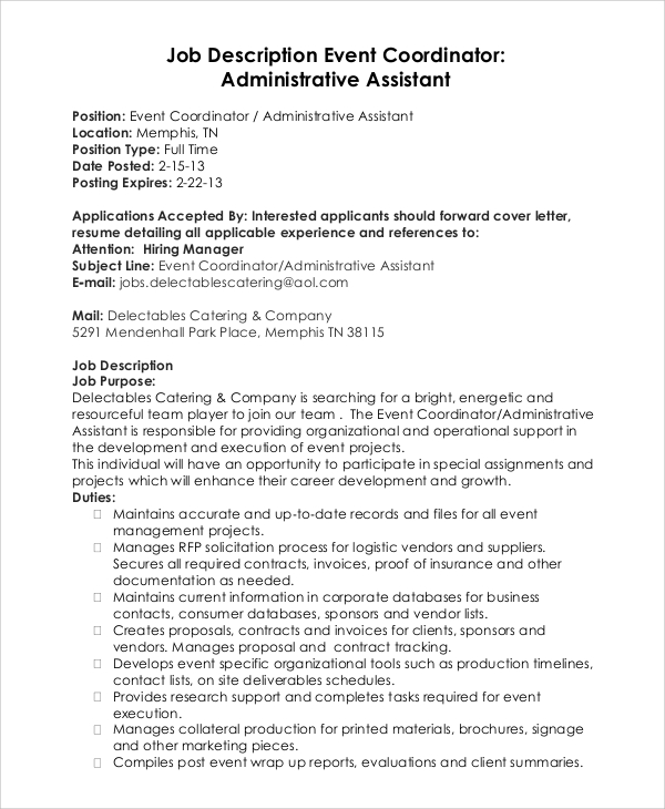 event coordinator administrative assistant job description