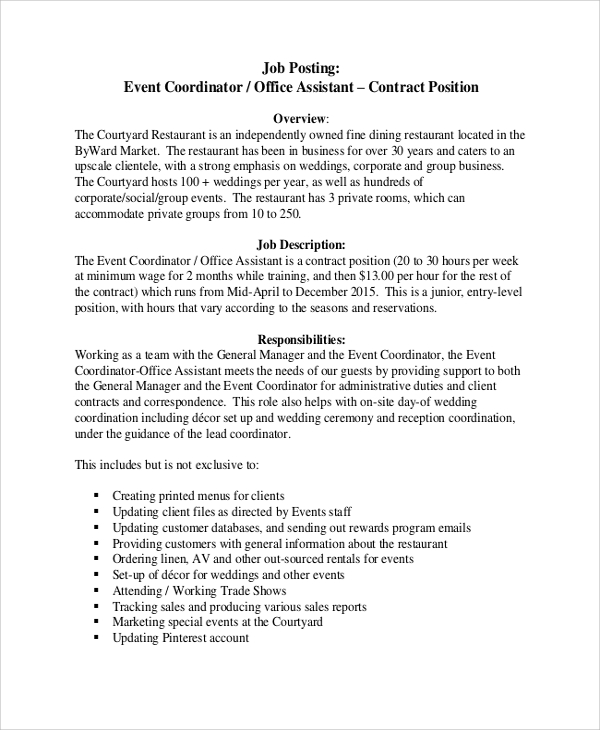 event coordinator office assistant job description