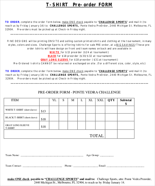 Pre Order Sheet Template