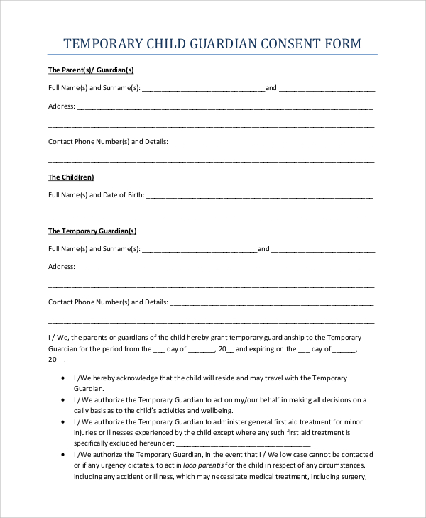 temporary child guardian consent form