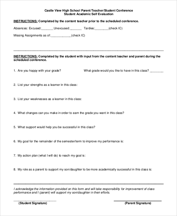 parent teacher conference student self evaluation