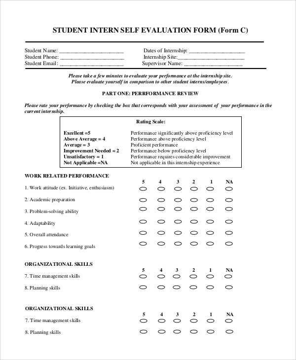 student intern self evaluation form