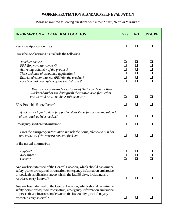 standard self evaluation checklist 