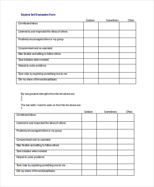 self evaluation form for student