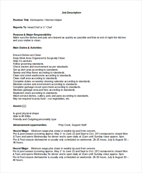 FREE 8+ Sample Dishwasher Job Description Templates in PDF ...