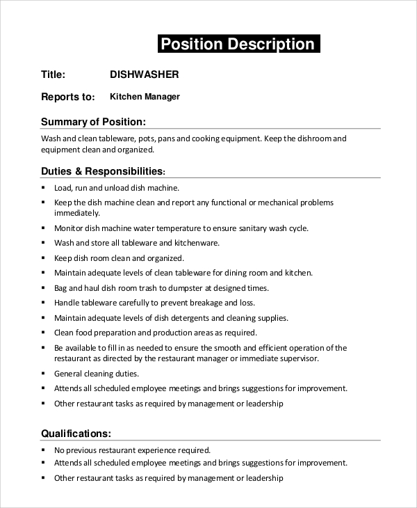 FREE 8 Sample Dishwasher Job Description Templates In PDF MS Word   Dishwasher Kitchen Manager Job Description 