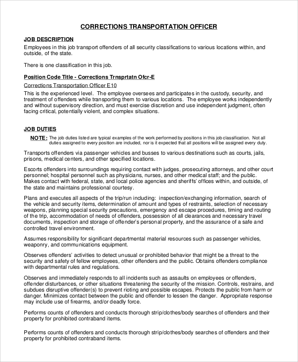 correctional transportation officer job description