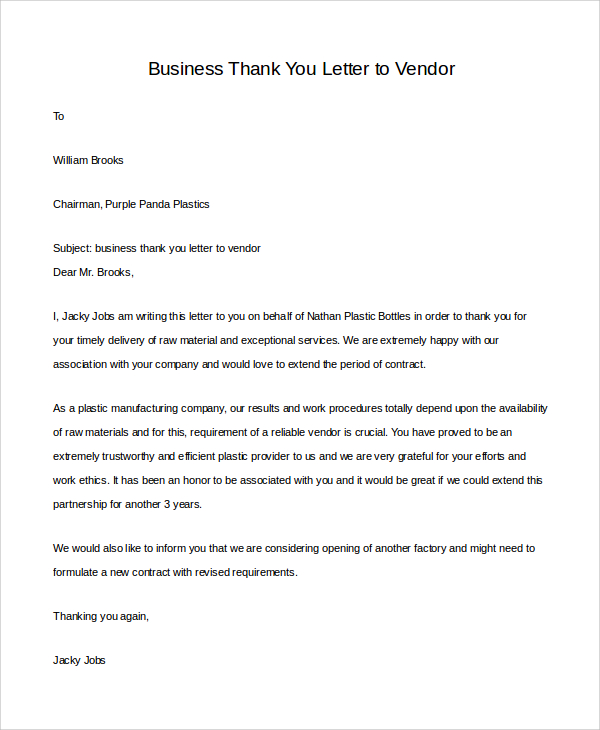business thank you letter to vendor