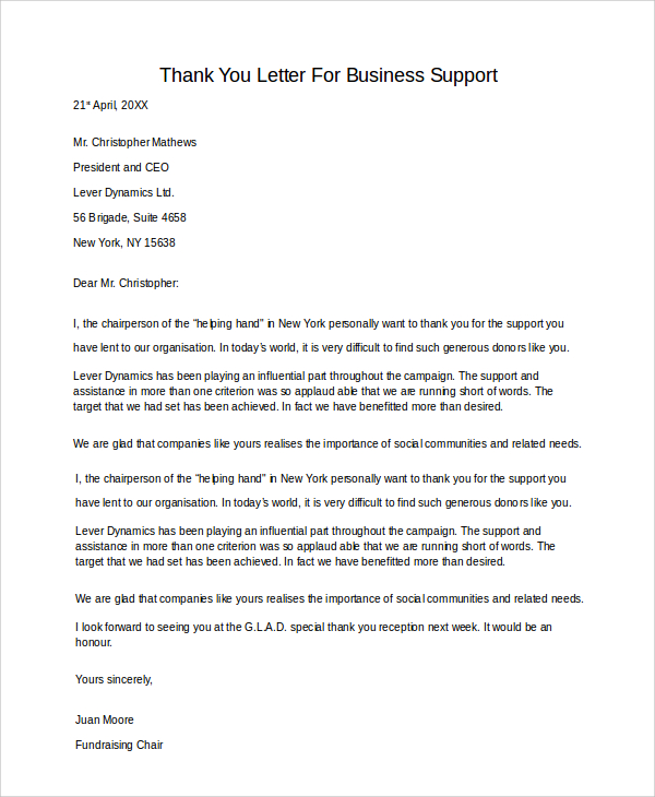 Business Thank You Letter Examples For Your Needs Letter Template 