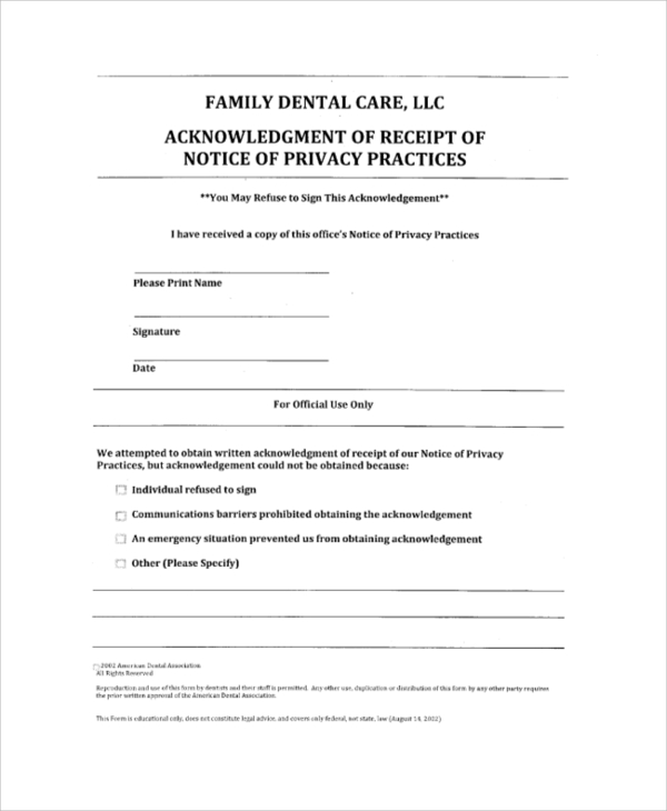 family dental care acknowledgement of receipt