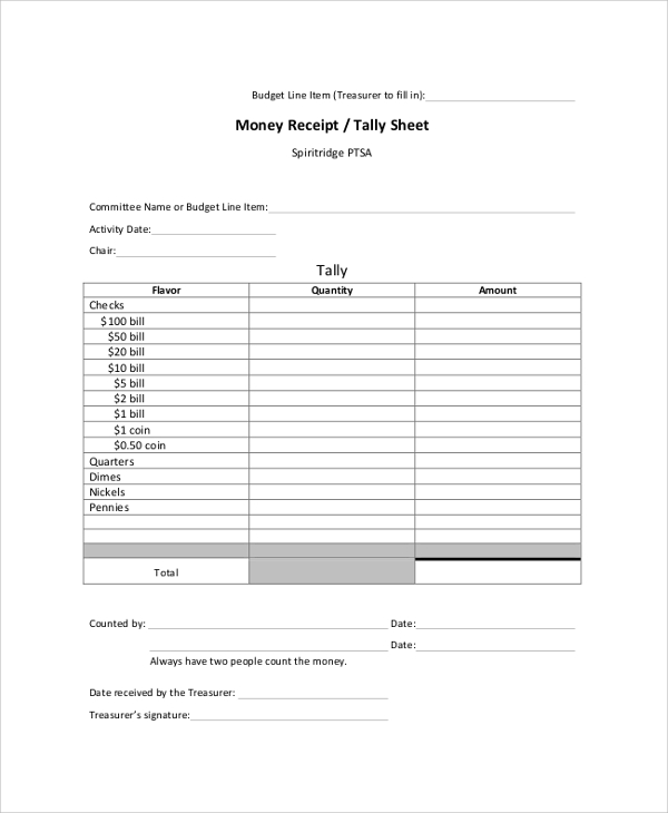 money receipt tally sheet