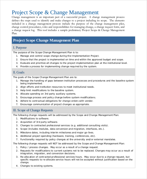 change management project scope plan