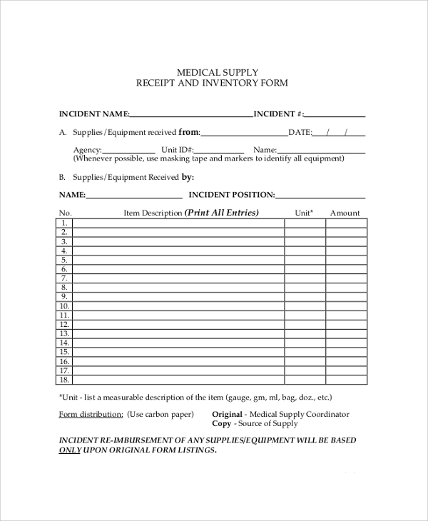 medical supply receipt and inventory form