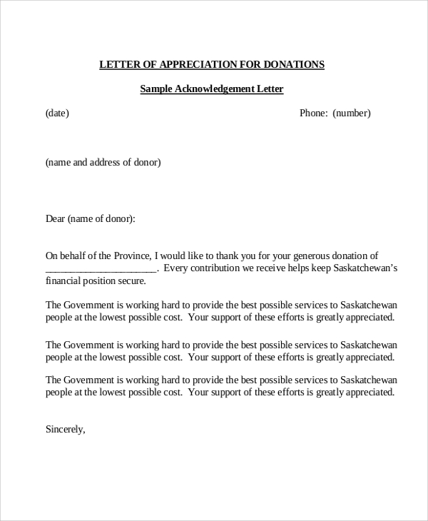 letter of appreciation for donations