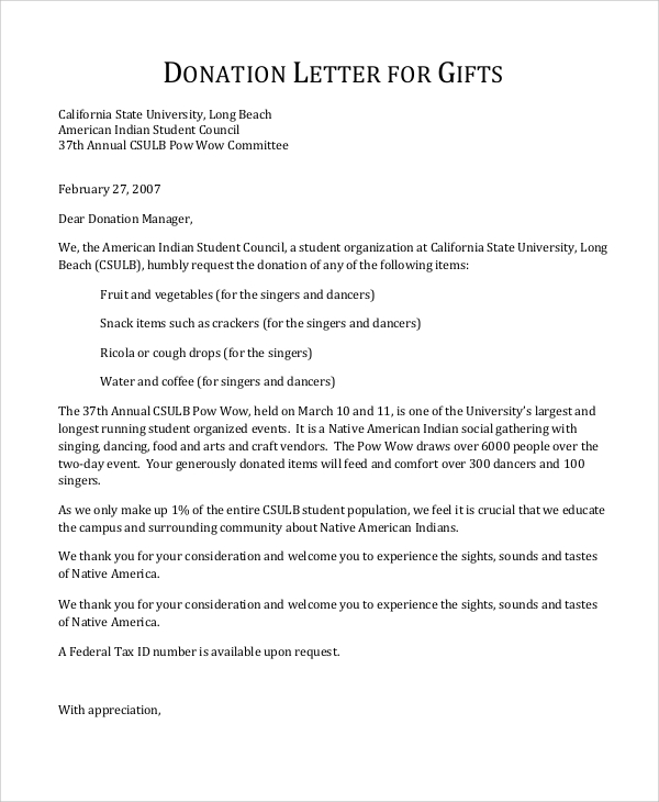 sample donation letter for gifts