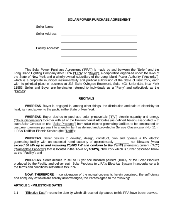 Wind Power Purchase Agreement Template