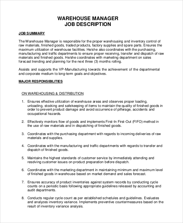 FREE 10 Sample Warehouse Job Description Templates In PDF MS Word   Warehouse Manager Job Description 