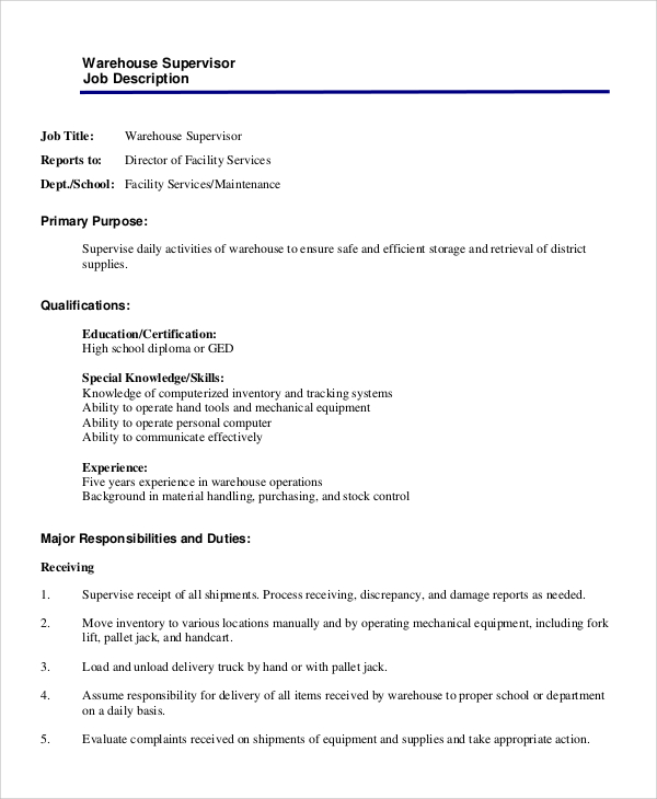 FREE 10 Sample Warehouse Job Description Templates In PDF MS Word   Warehouse Supervisor Job Description 