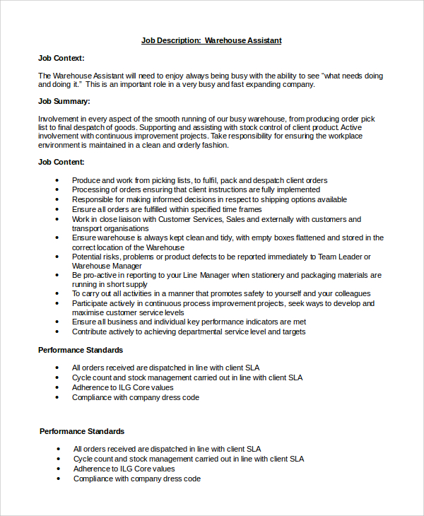 warehouse assistant job description for resume