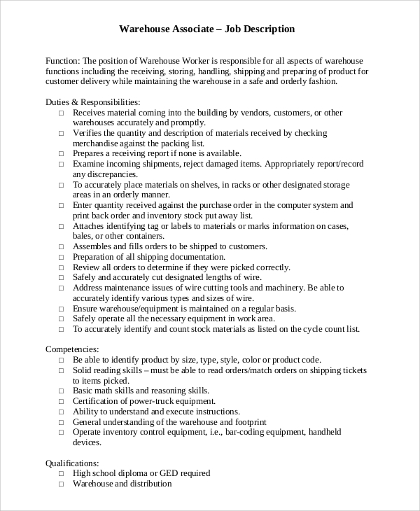 Warehouse Associate Job Description 