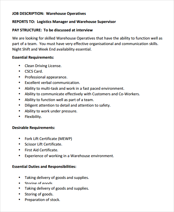 FREE 10 Sample Warehouse Job Description Templates In PDF MS Word