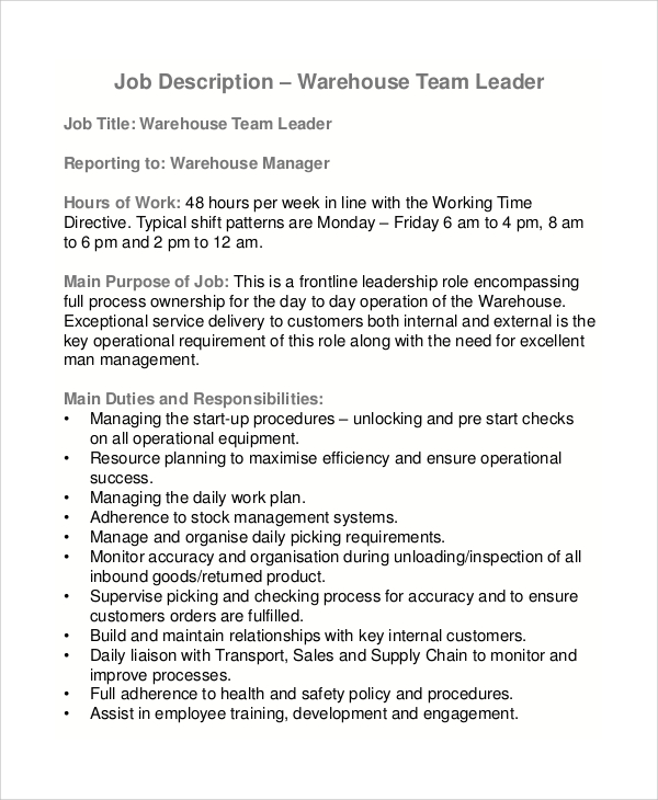warehouse team leader job description