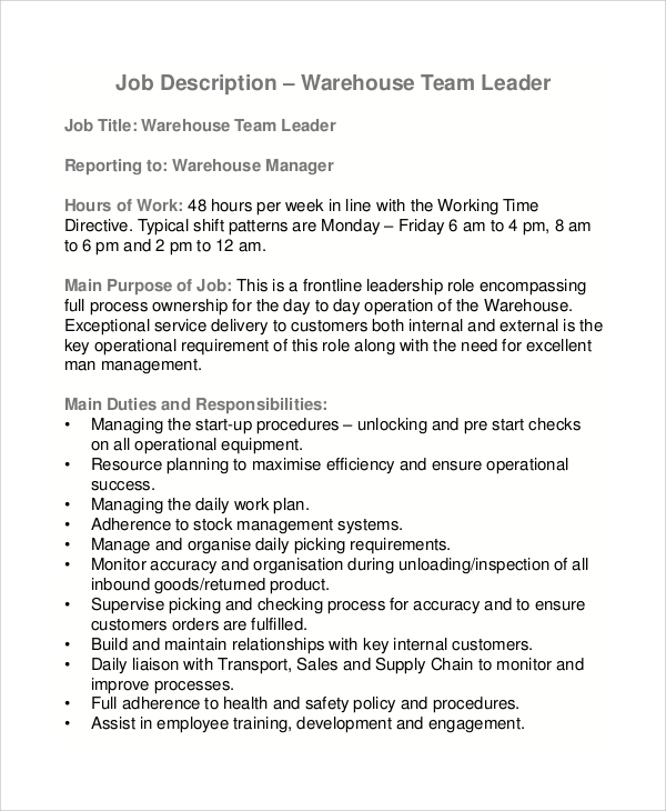 Sample Warehouse Job Description 10 Examples In PDF Word