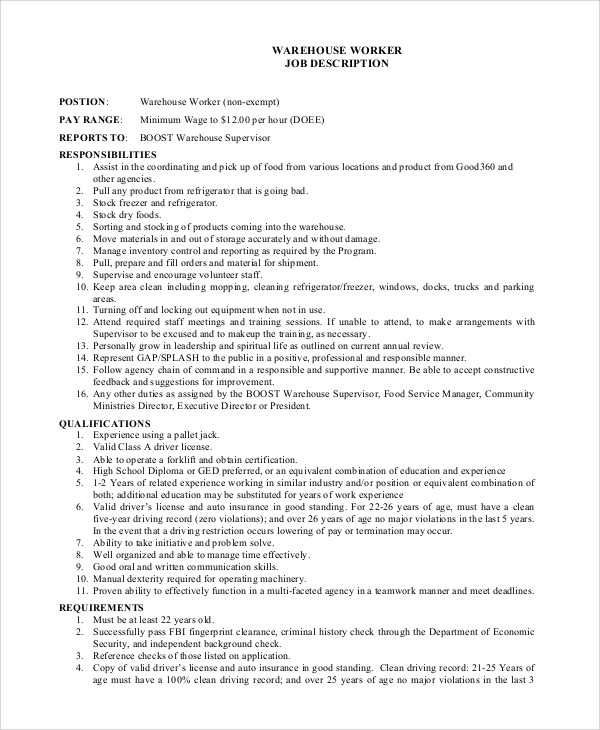 FREE 10 Sample Warehouse Job Description Templates In PDF MS Word   Warehouse Worker Job Description 