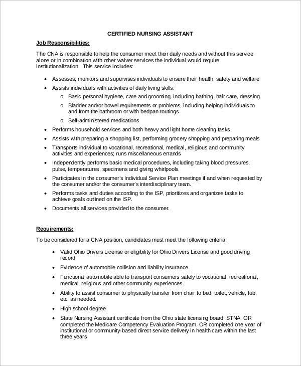 nursing assistant job description sample