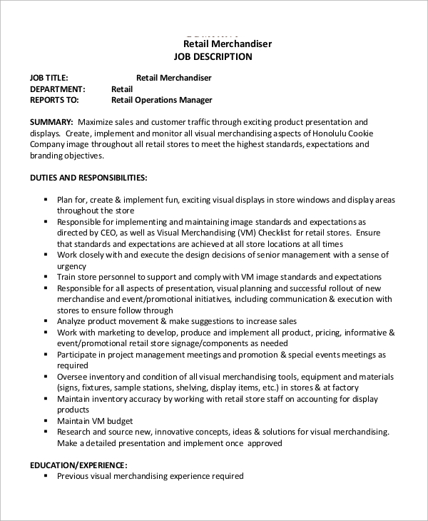 Free 10 Sample Merchandiser Job Description Templates In Ms Word Pdf