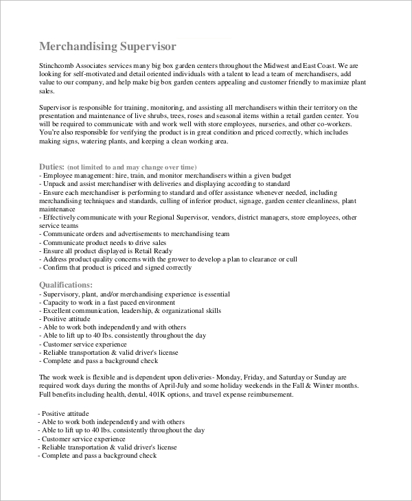 merchandising supervisor job description